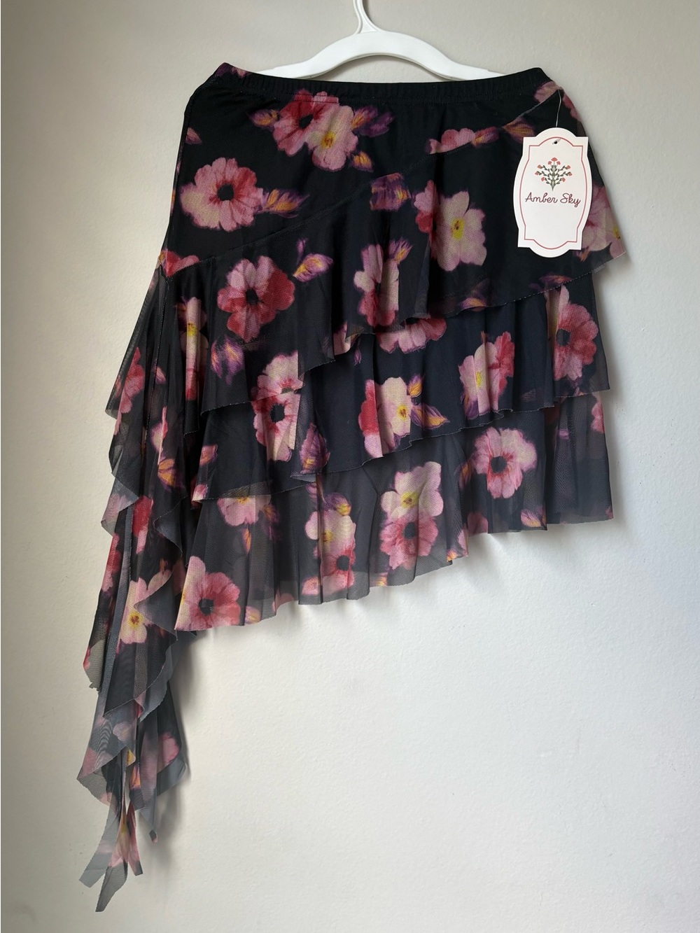 Amber Sky S Black Floral Mesh Ruffle Asymmetrical Skirt